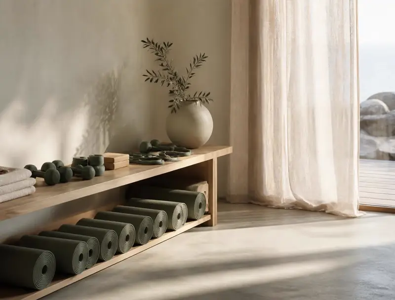 Rolled exercise mats, small weights and bands stored on a pale timber bench