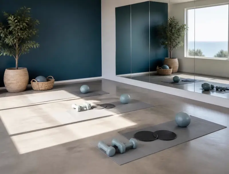 Studio corner set up with light weights, sliders and small balls on a concrete floor