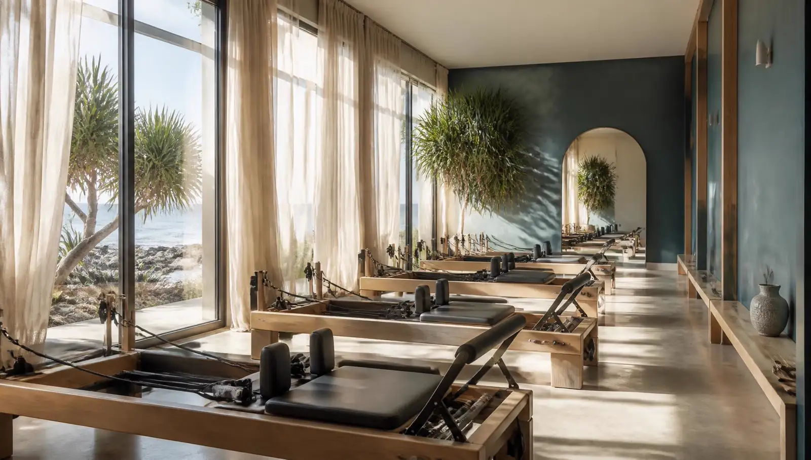 Timber reformers lined up in a light studio with sheer curtains and an ocean view