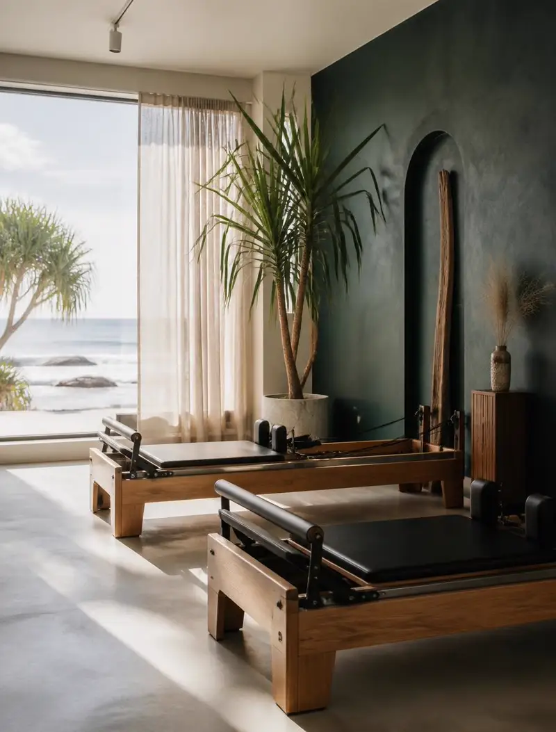 Two timber reformers beside a window looking out to the sea