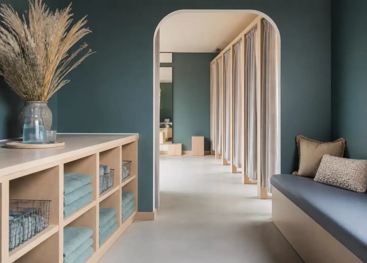 Studio entry with folded towels on timber shelving, a water jug and dried coastal grasses